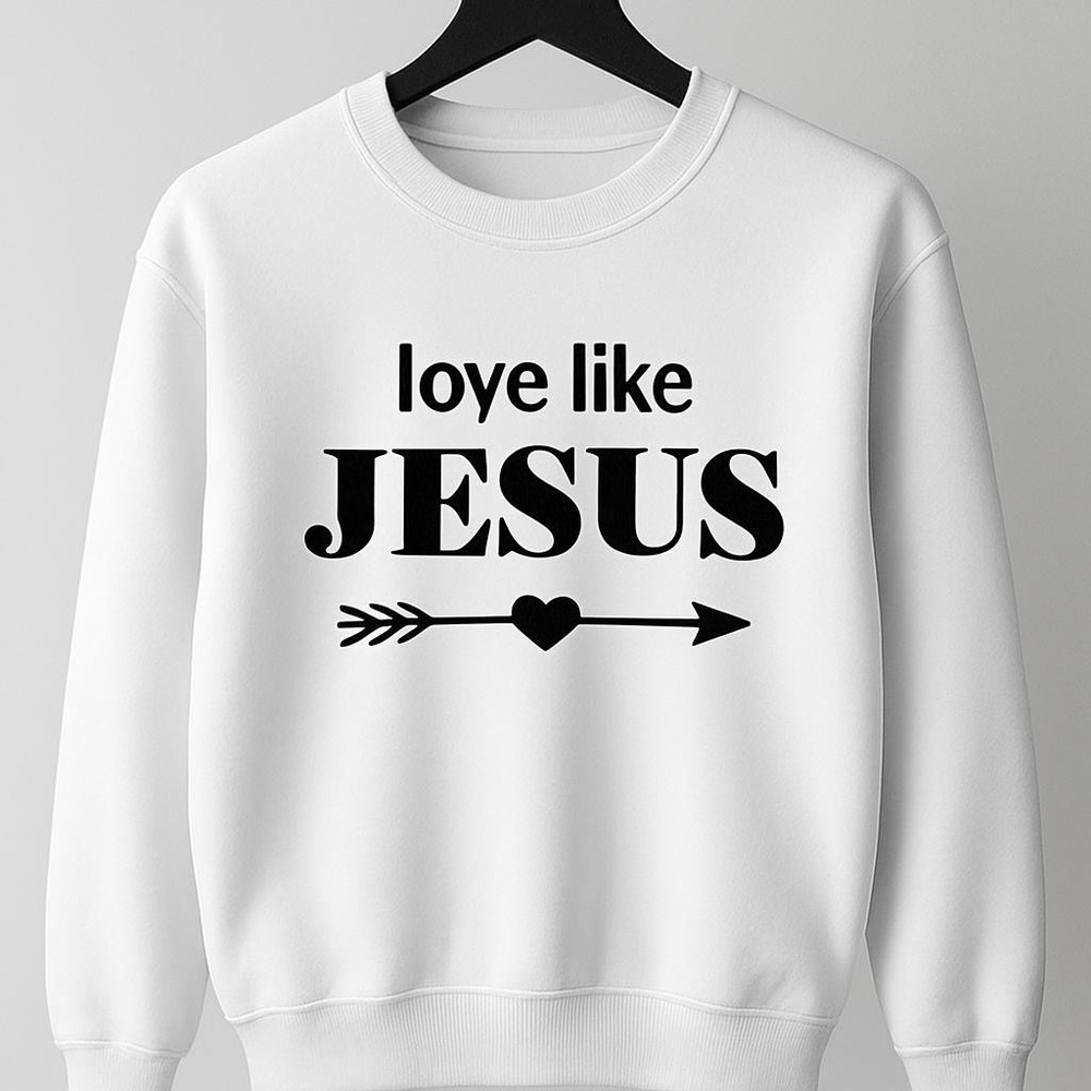 Gildan White Crewneck Sweatshirt with Black Graphic on front and left sleeve